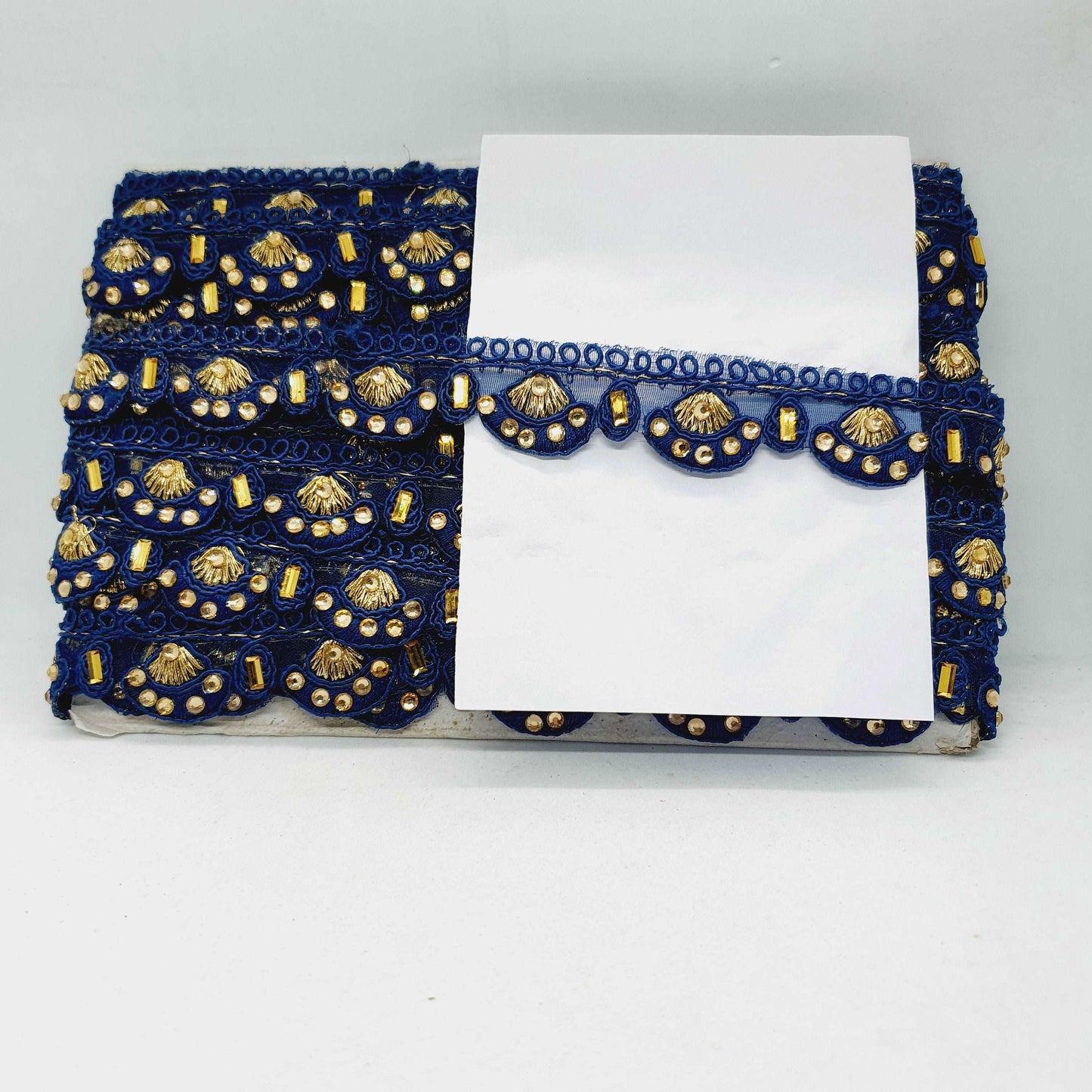 1m 25mm navy blue guipure embroidered lace trimming with gold crystals