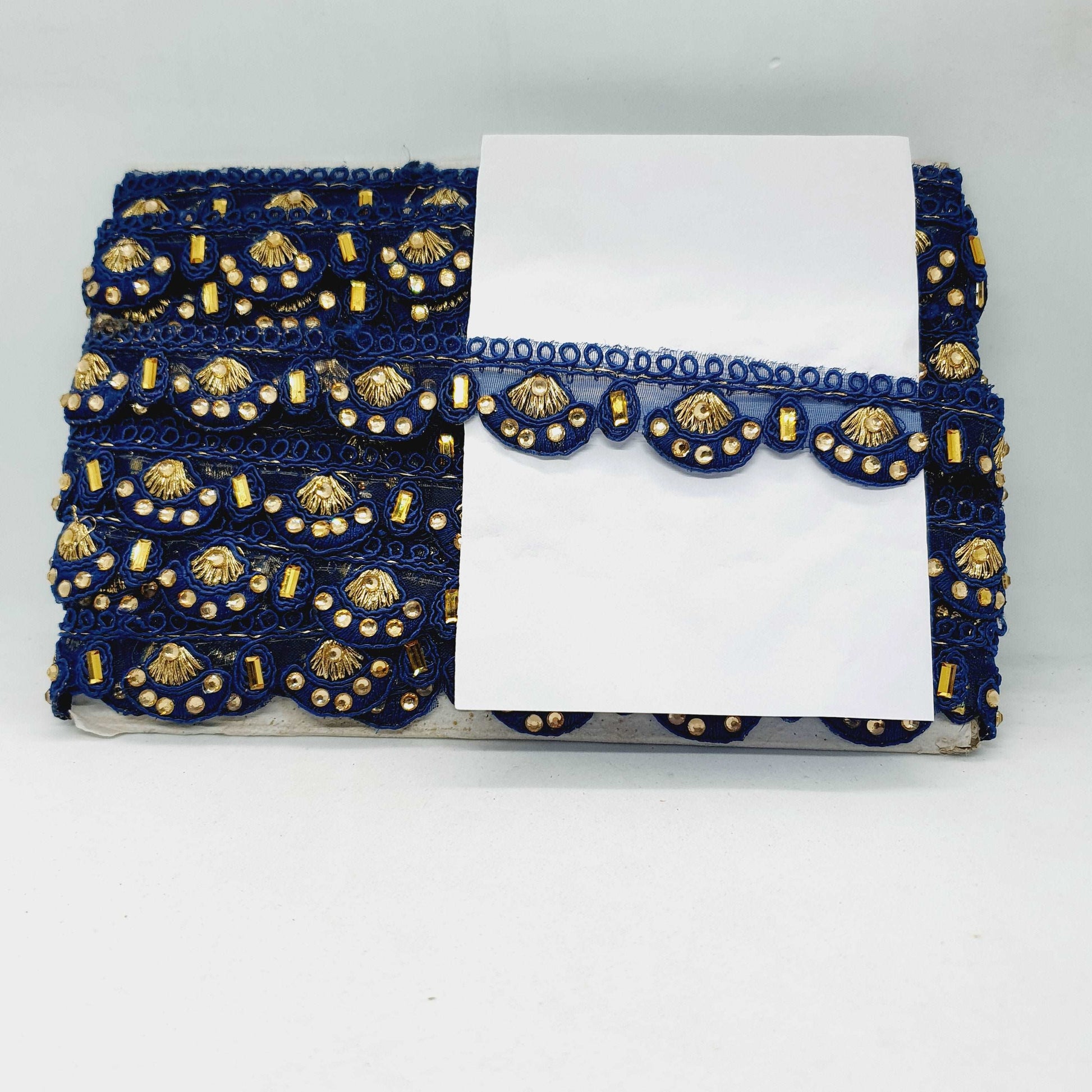 1m 25mm navy blue guipure embroidered lace trimming with gold crystals