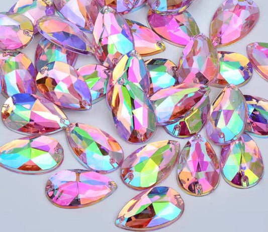 5x 28mm pink AB acrylic sew on rhinestone gem pear drop