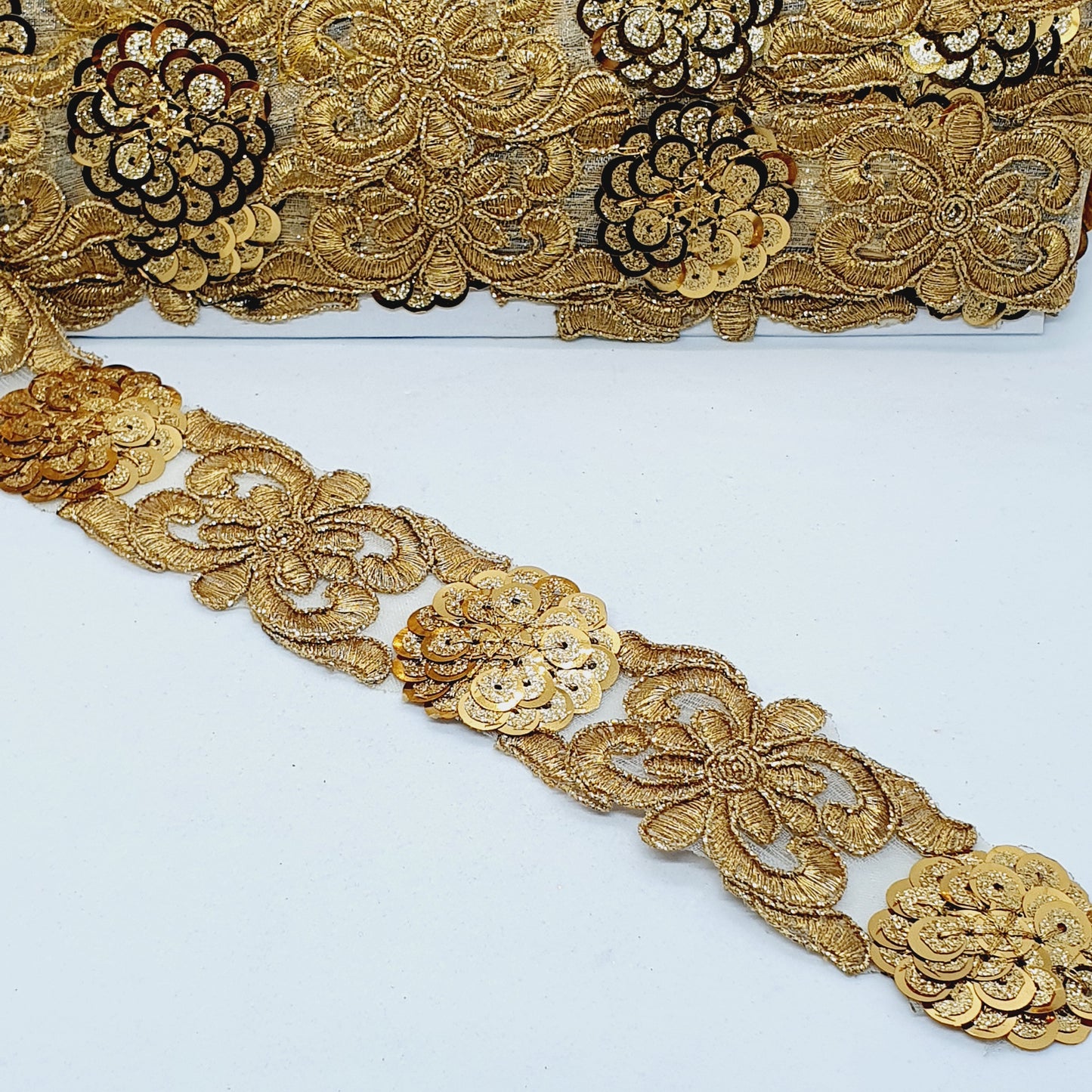 40mm deep gold glitter sequin net ribbon trim lace applique