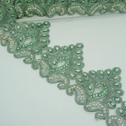 1m 8cm Metallic mint peridot green lace applique with crystals & pearls