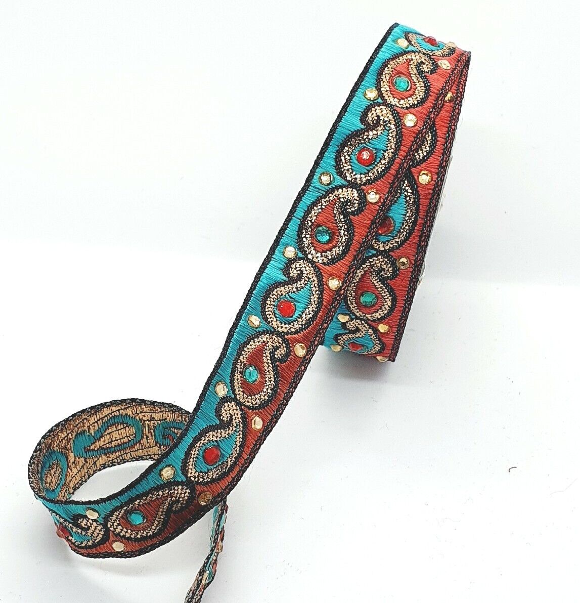 1m 20mm teal rust gold metallic embroidered CRYSTAL ribbon