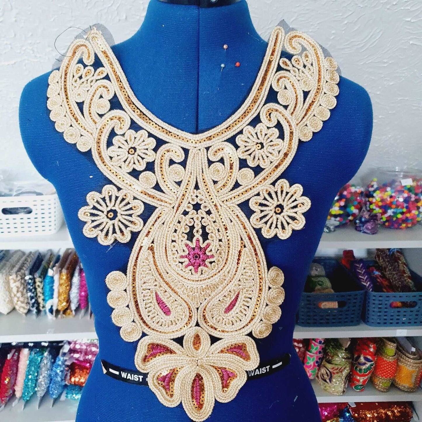 1x Gold couched embroidered sequin moroccan style applique collar/ neckline