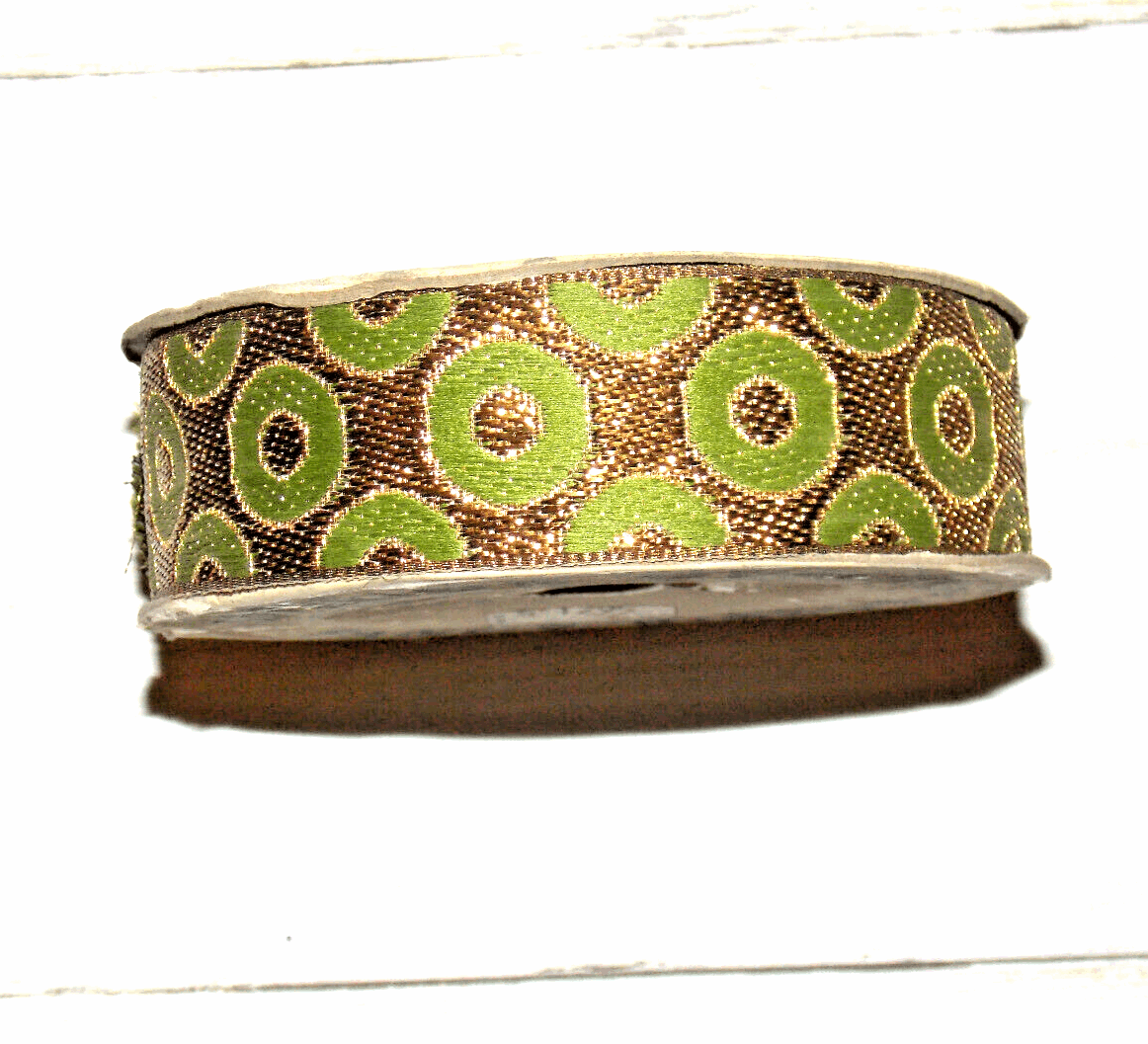 1m 27mm DOTTY green antique gold  jacquard embroidered ribbon