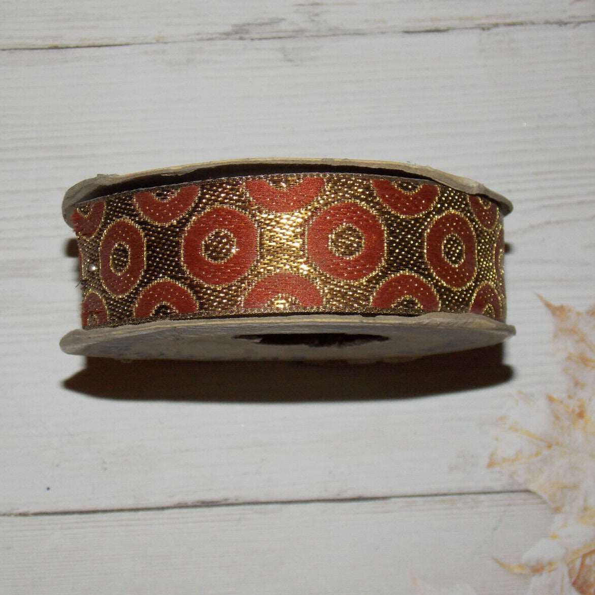 1m 27mm DOTTY tan brown antique gold  jacquard embroidered ribbon