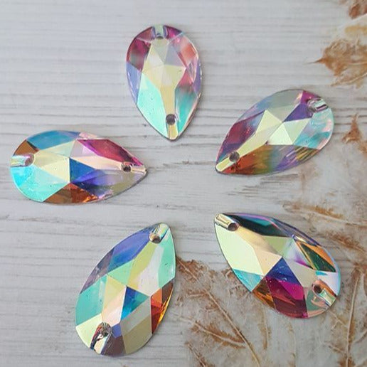 5x 28mm clear AB acrylic sew on rhinestone gem pear drop