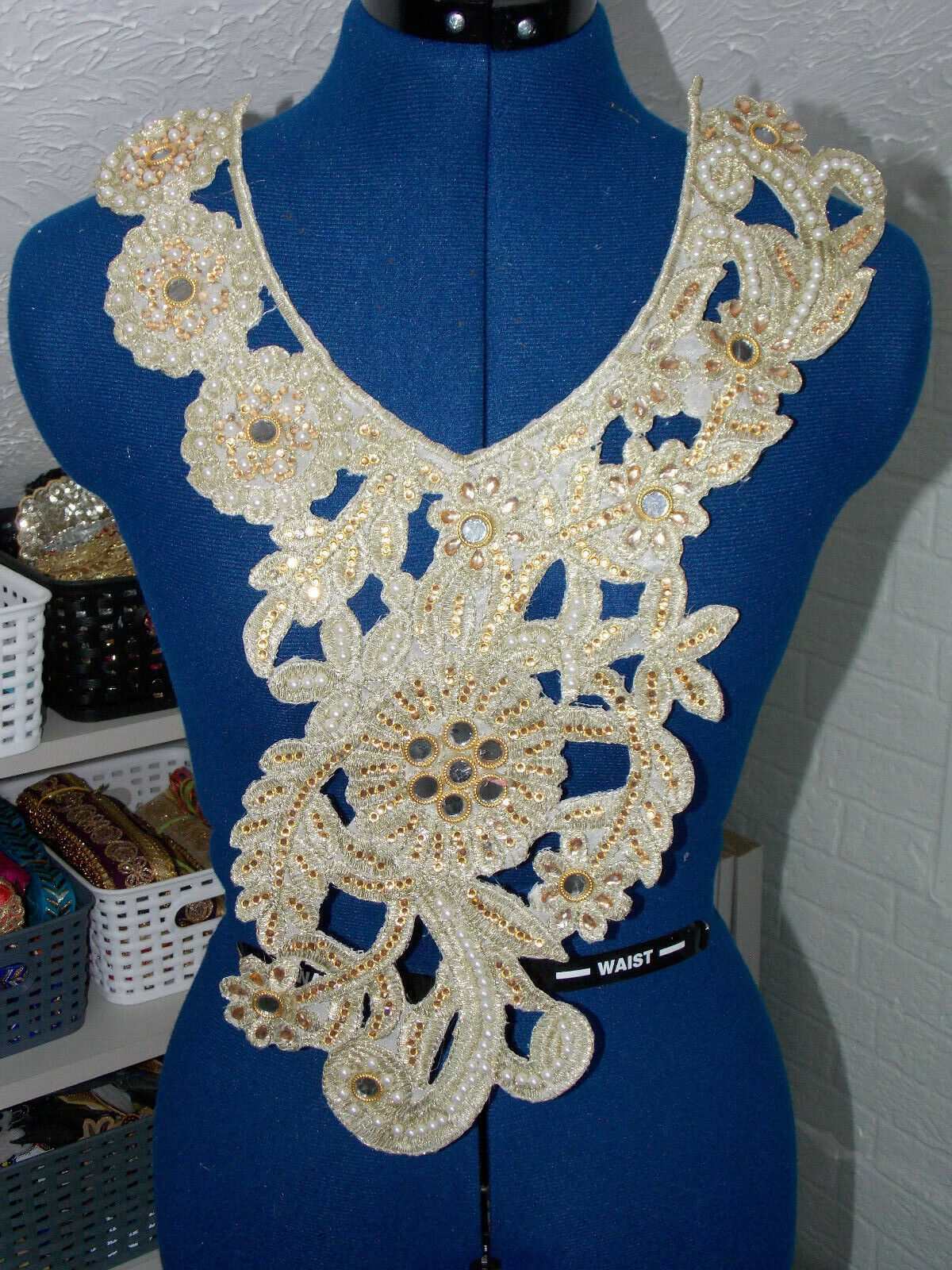 1x gold embroidered applique crystal mirror collar/ neckline