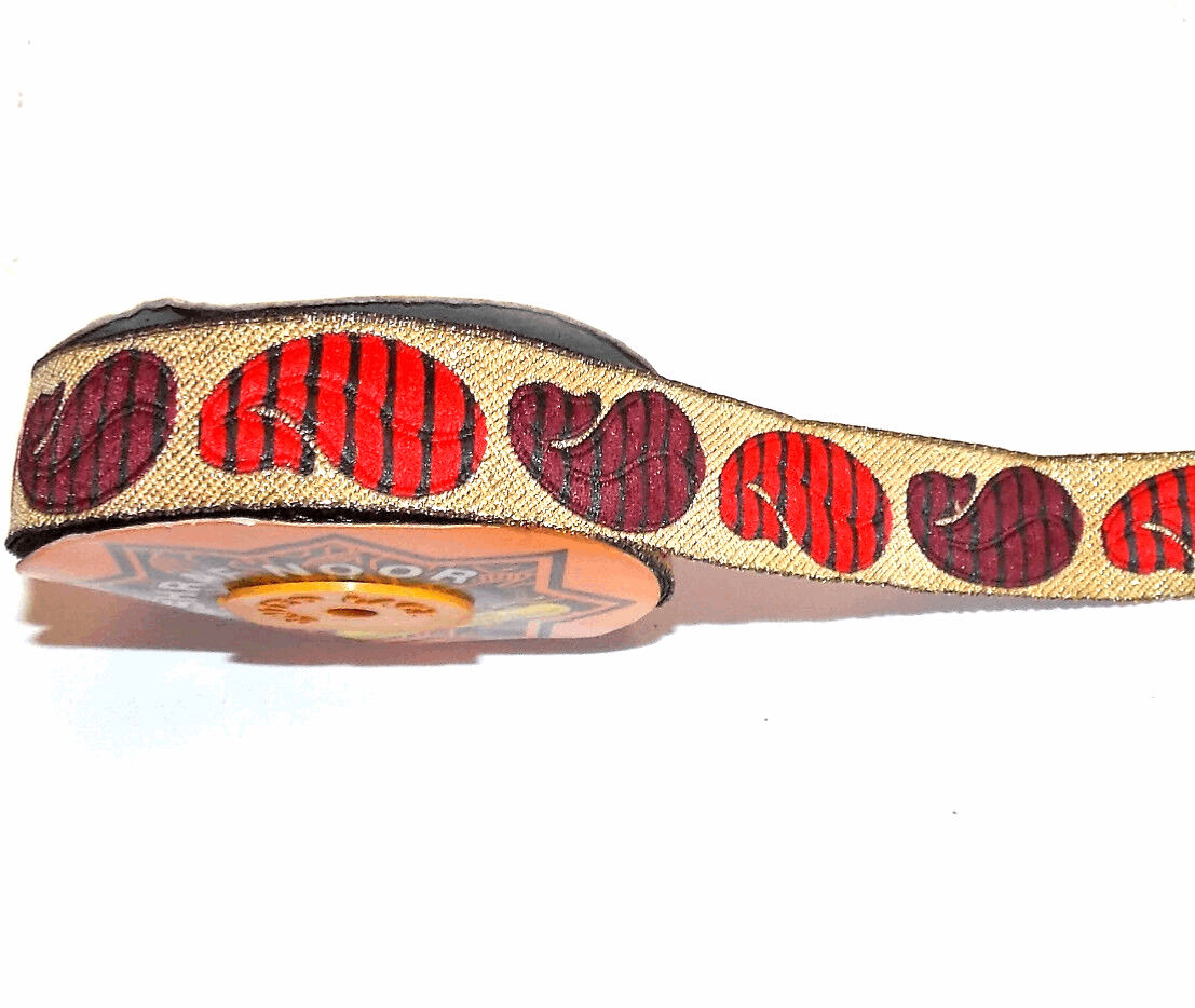 1m paisley red wine beige gold jacquard embroidered ribbon 25mm