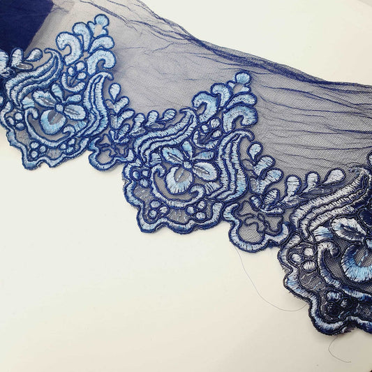 1m 15cm 2 tone blue embroidered net lace floral scallop edge