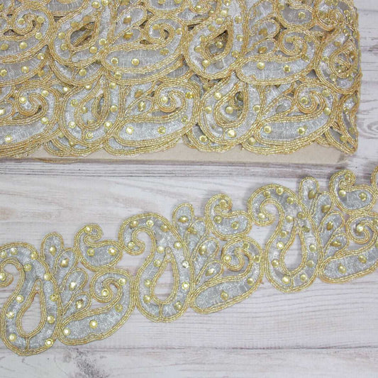 1m 5.5cm Metallic silver gold lace applique with crystals