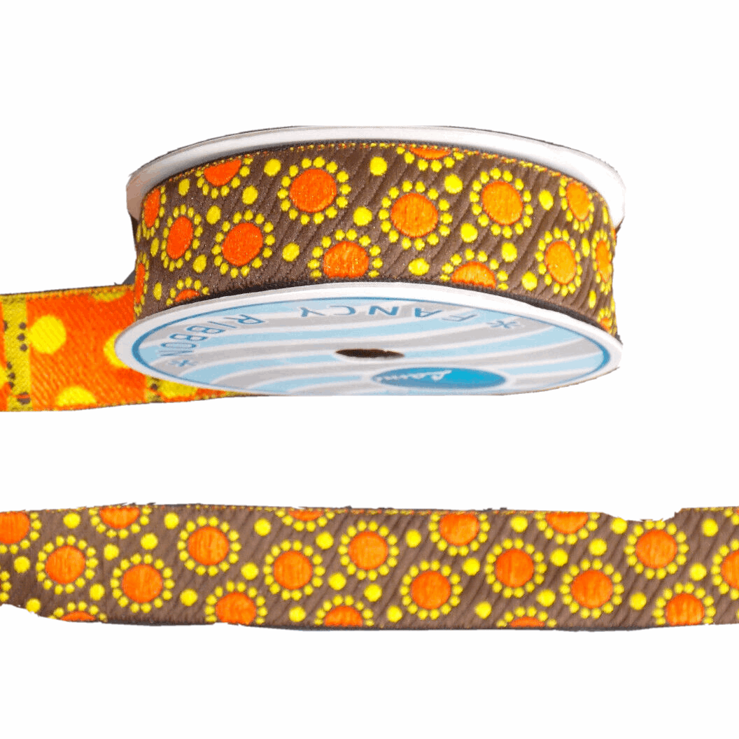 1m 30mm brown, orange, yellow DOTTY  jacquard embroidered ribbon