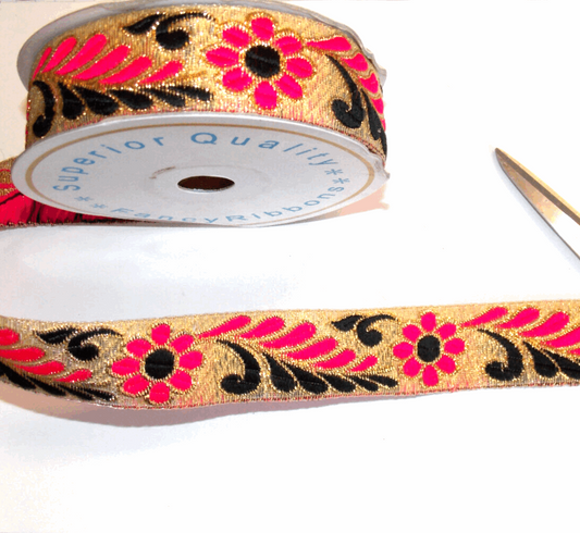 1m 30mm GOLD black & pink flower jacquard embroidered ribbon