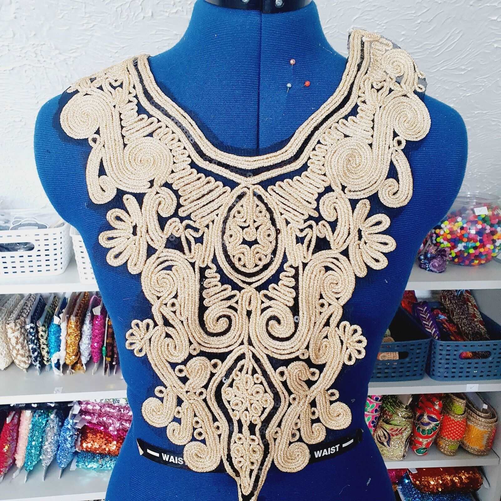 1x Gold couched embroidered sequin moroccan style applique collar/ neckline