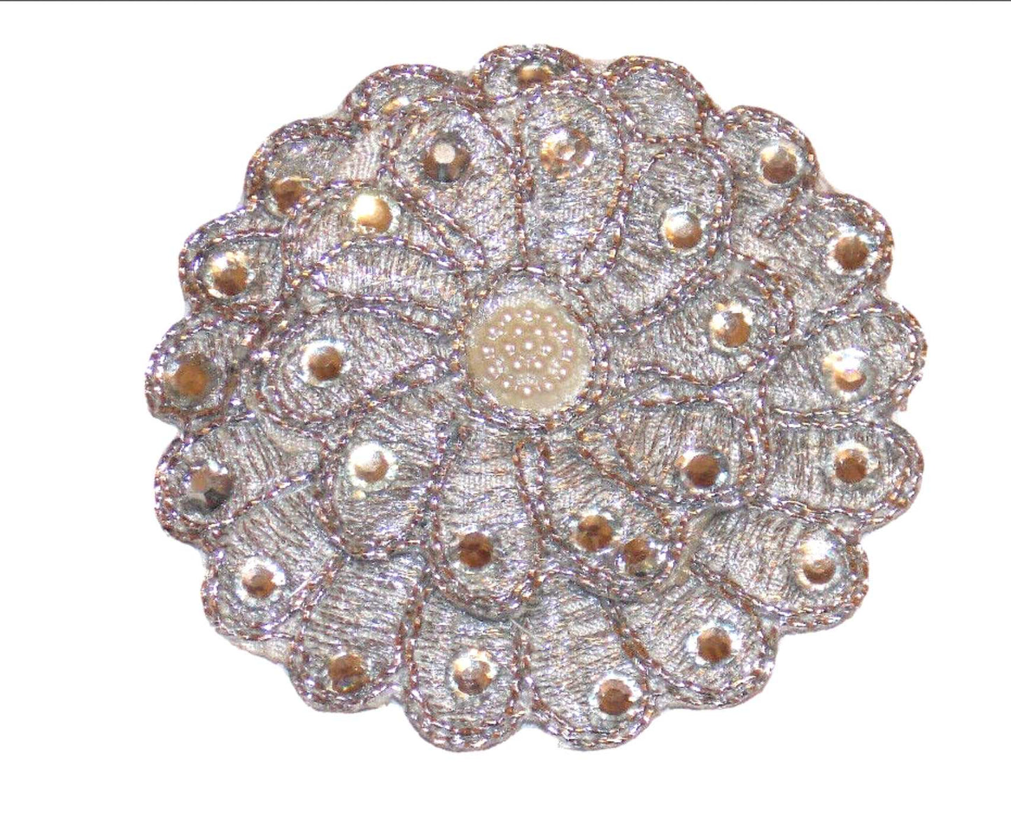 1x Silver crystal pearl 6cm embroidered flower applique