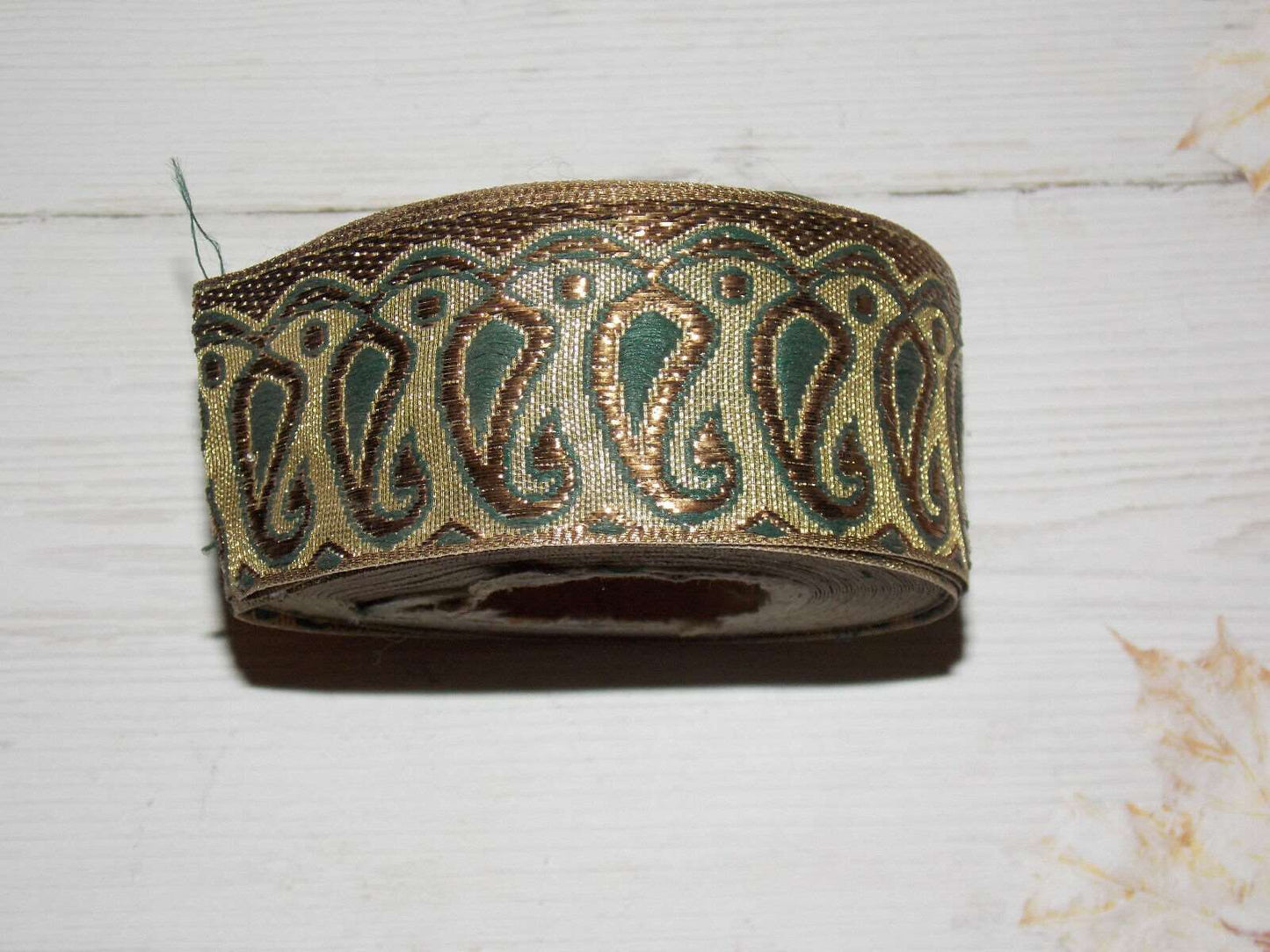 1m 40mm metallic gold/ bronze & green paisley embroidered ribbon