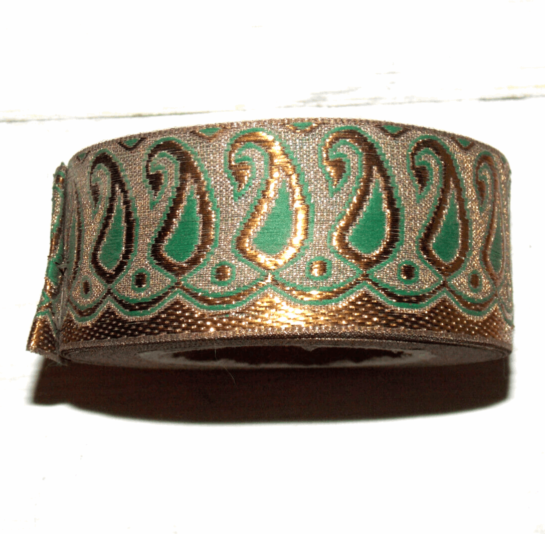 1m 40mm metallic gold/ bronze & dark green paisley embroidered ribbon