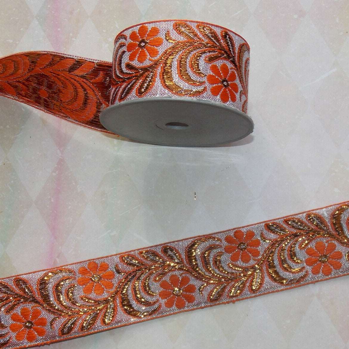 1m 40mm metallic gold/ bronze & orange flower embroidered ribbon