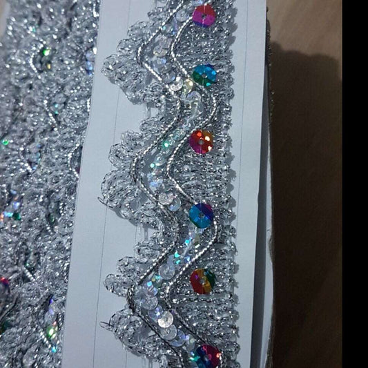 40mm metallic silver rainbow hologram sequin looped edge braid trimming