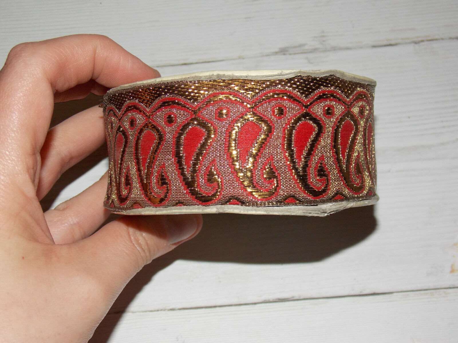 1m 40mm metallic gold/ bronze & terracotta paisley embroidered ribbon