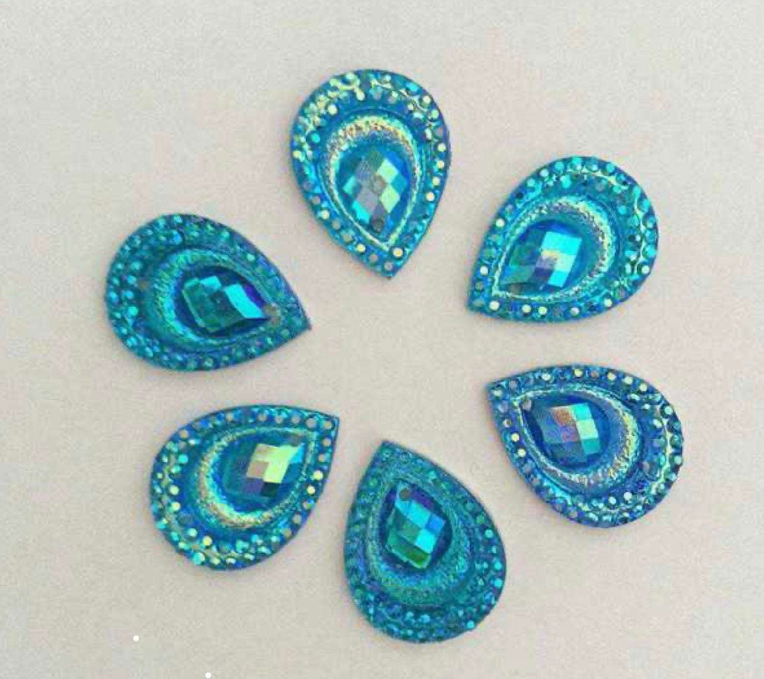 10x 18mm turquoise AB peacock textured acrylic sew on rhinestone gem pear drop