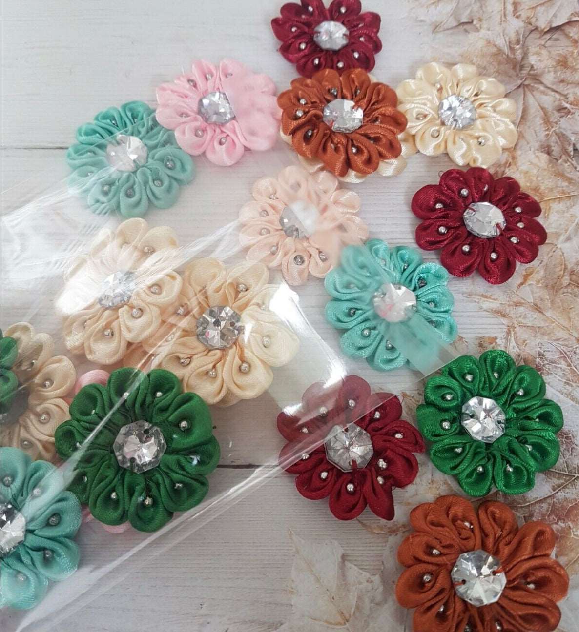 24x Multi colour satin jewelled flower applique