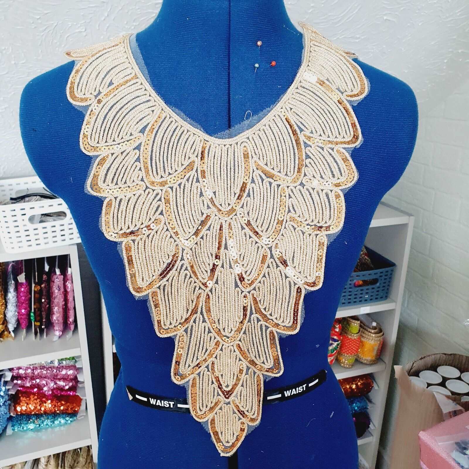 1x Gold couched embroidered sequin moroccan style applique collar/ neckline