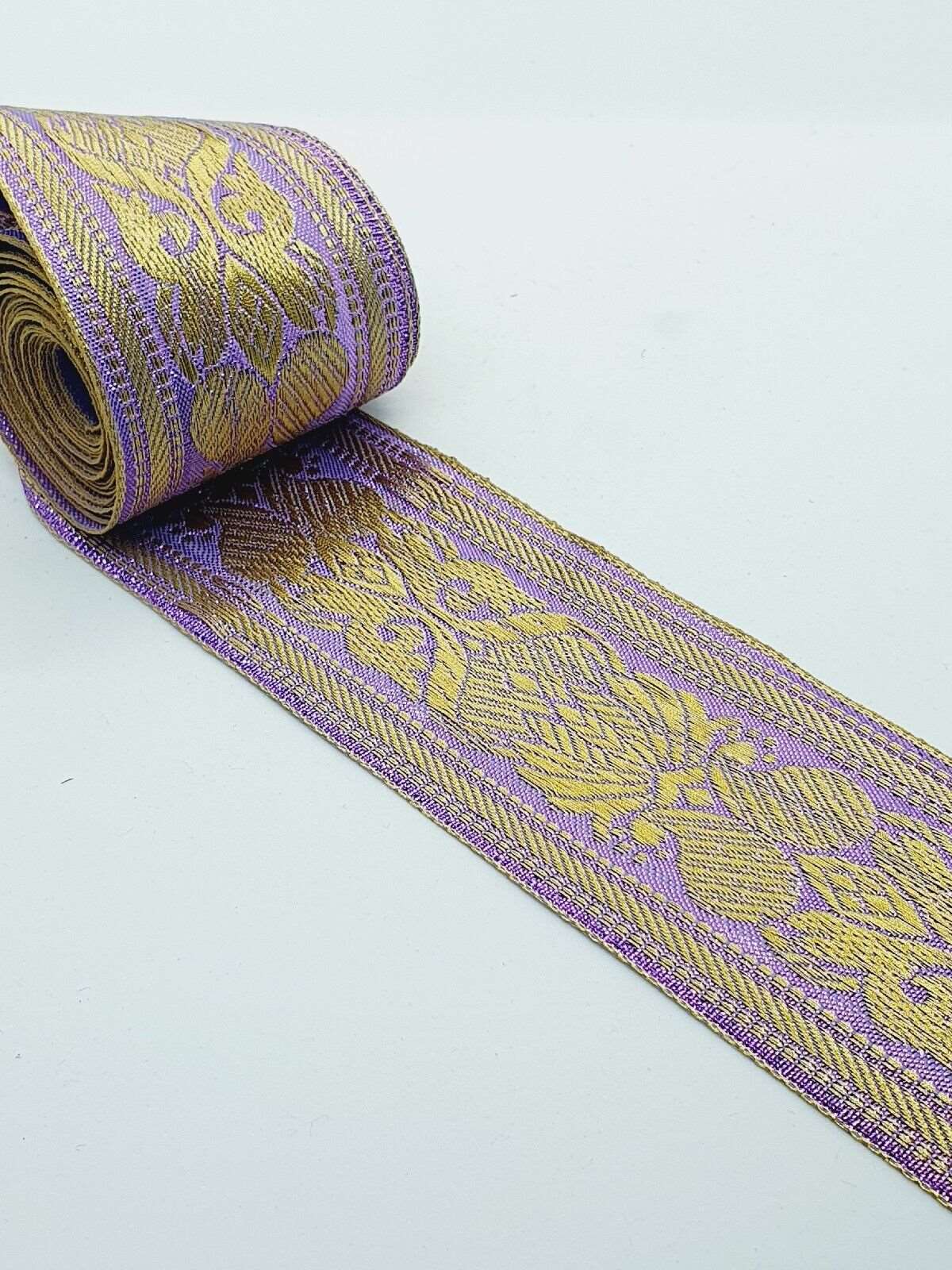 1m 55mm lilac & gold jacquard embroidered ribbon