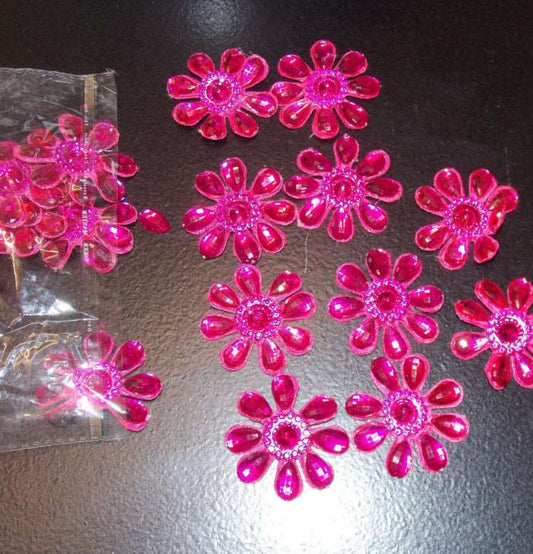 10x deep pink 4.5cm satin jewelled flower applique