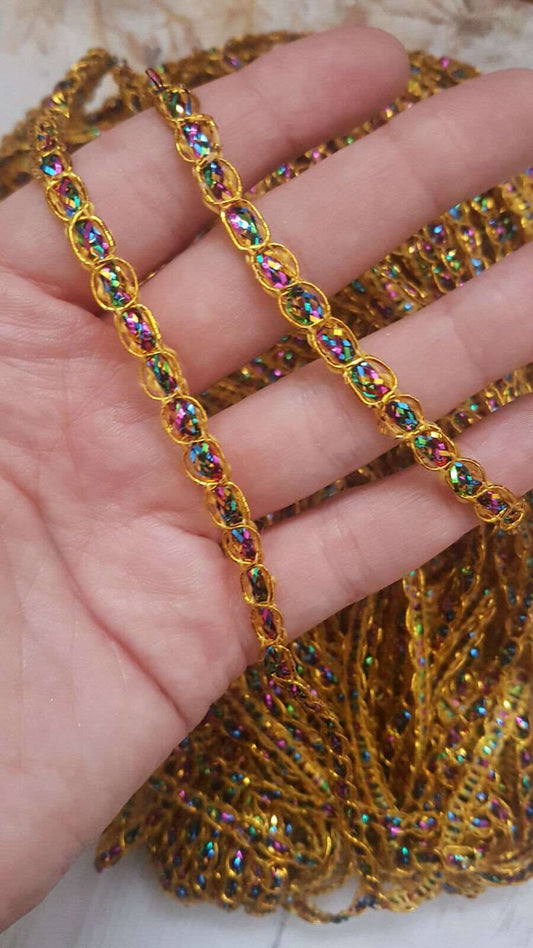 2m 5mm rainbow GOLD glitter embroidered trim braid