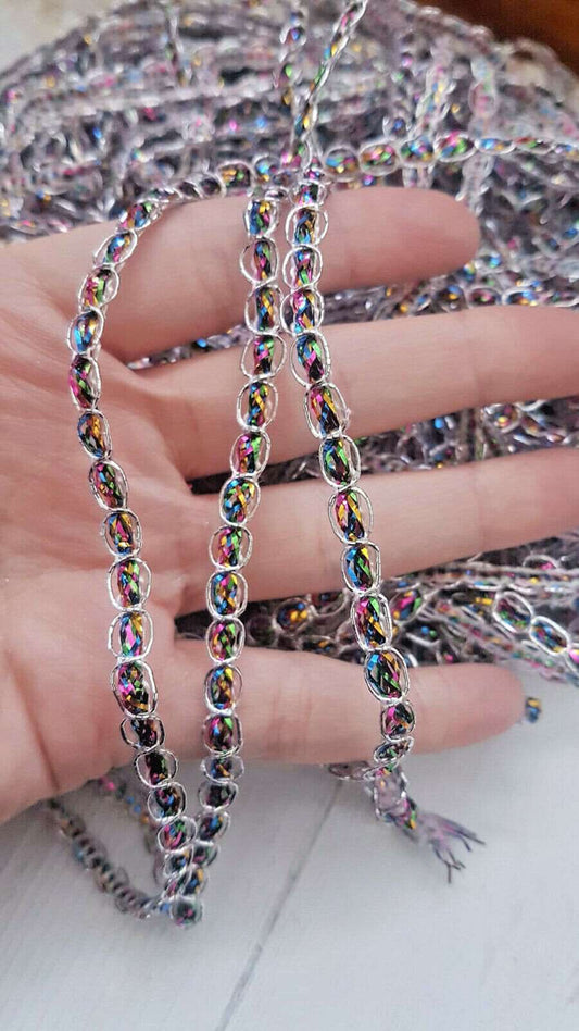 2m 5mm rainbow SILVER glitter embroidered trim braid