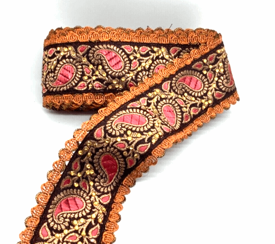 1m 6cm rust gold paisley crystal embroidered ribbon BRAID