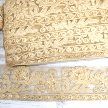 1m 6.5cm beige gold floral embroidered lace ribbon