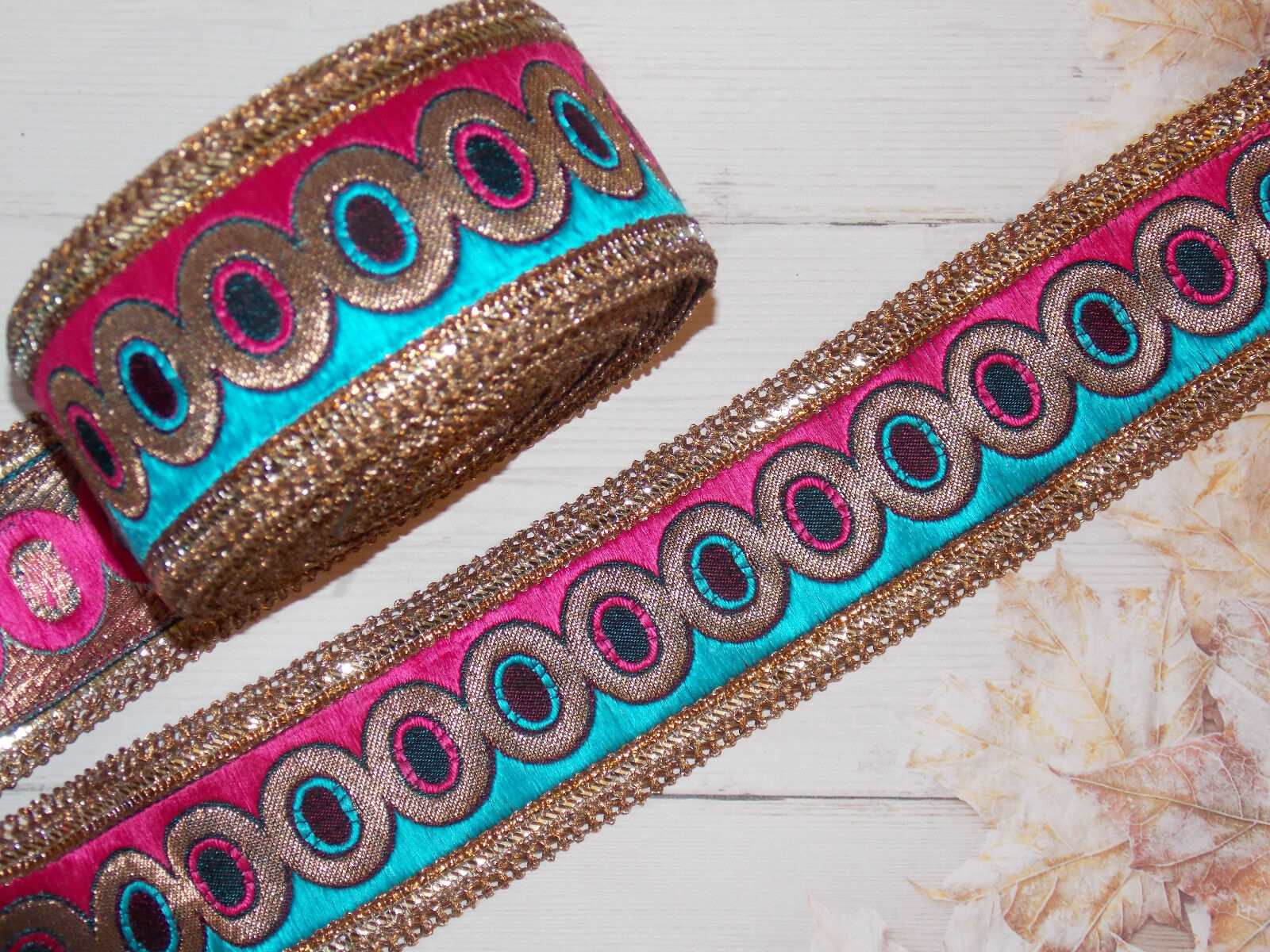 1m 6cm pink turquoise sequin embroidered ribbon BRAID