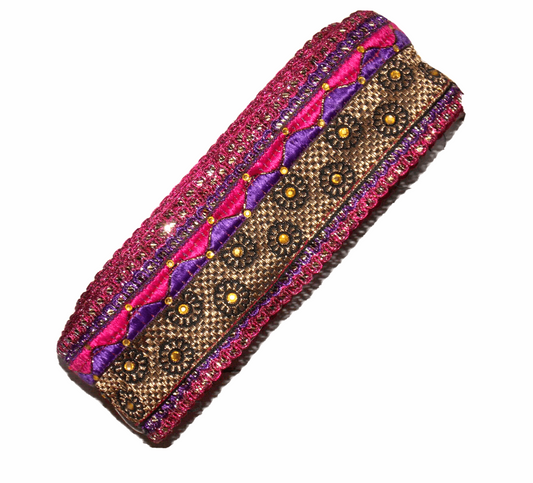 1m 6cm purple pink gold paisley crystal embroidered ribbon BRAID