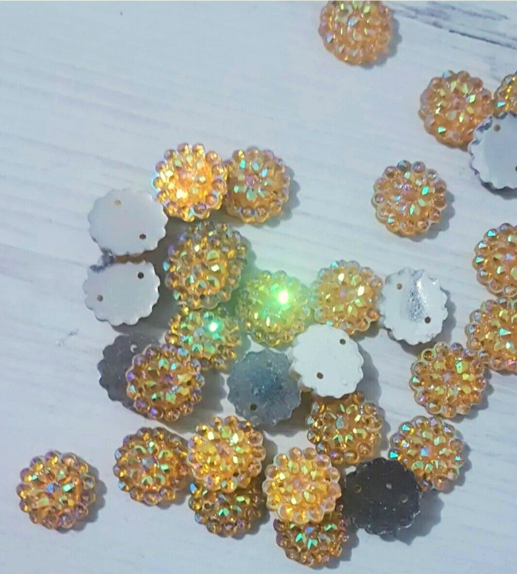 10x 12mm Gold AB flower acrylic sew on rhinestone gem round