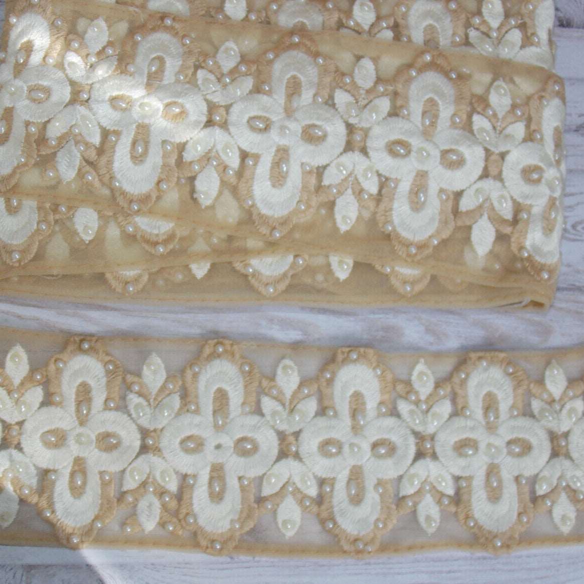 1m 9cm beige cream pearl floral embroidered lace ribbon