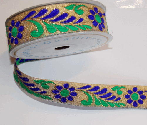 1m 30mm GOLD blue & green flower jacquard embroidered ribbon