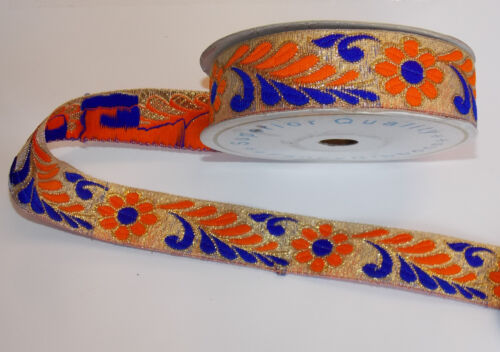 1m 30mm GOLD blue & orange flower jacquard embroidered ribbon