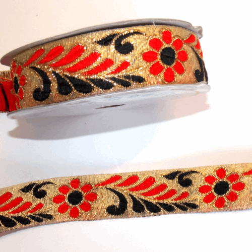 1m 30mm GOLD black & red flower jacquard embroidered ribbon