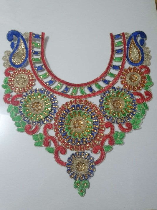 1x gold blue red green embroidered crystal applique collar/ neckline