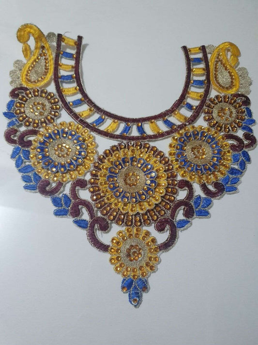 1x gold blue yellow wine embroidered crystal applique collar/ neckline