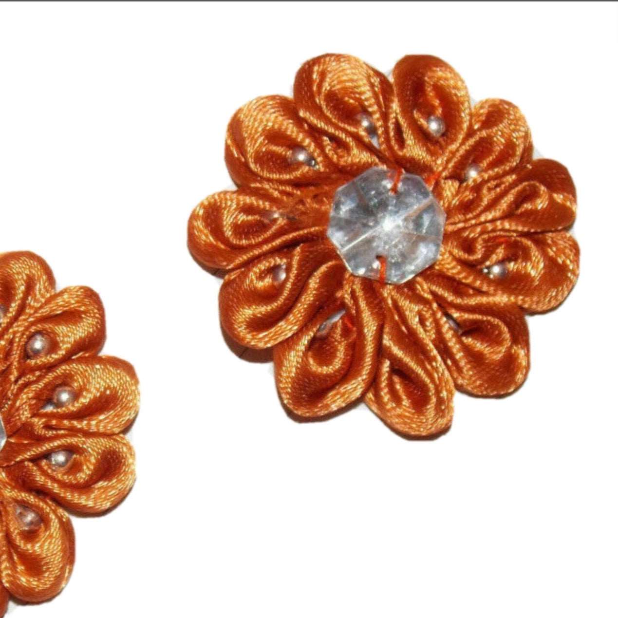 10x Tan brown satin jewelled flower applique