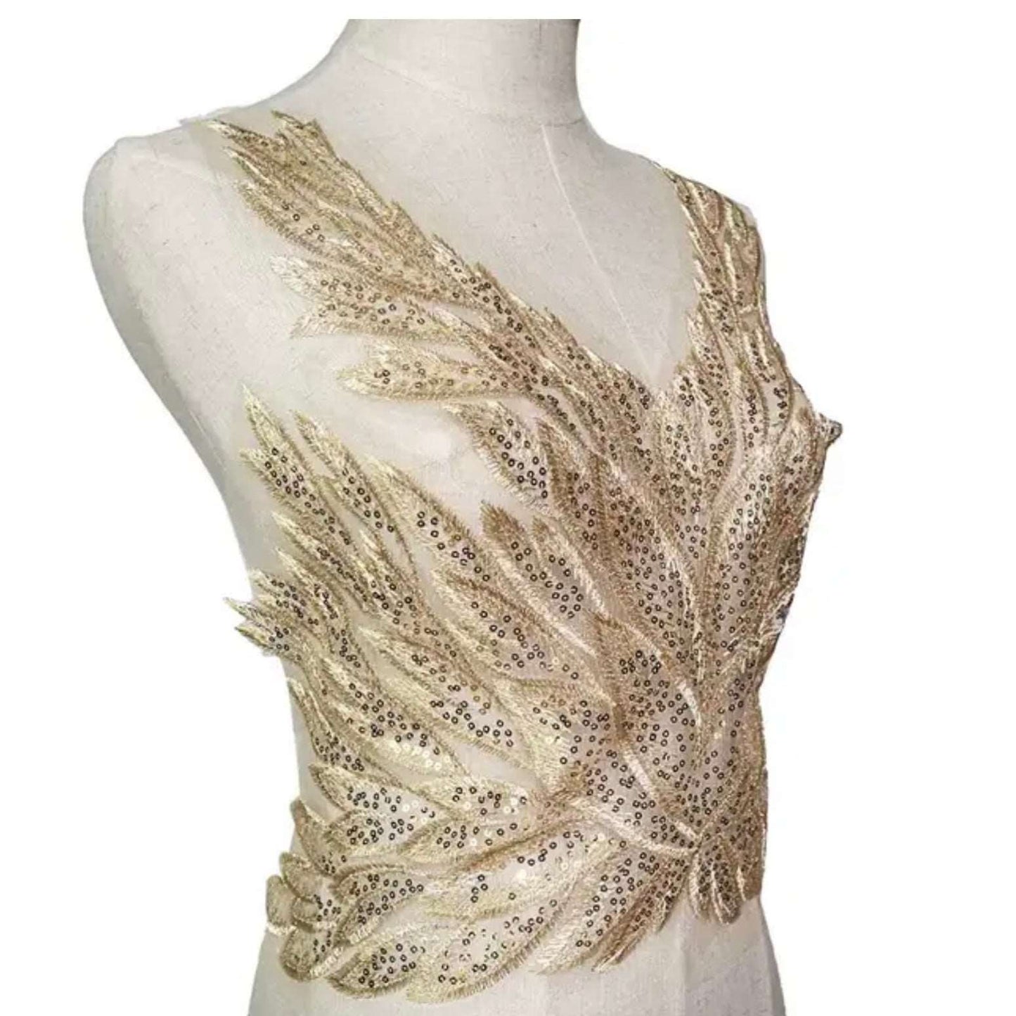 1x gold feather embroidered lace applique patch/ collar/ neckline with sequins