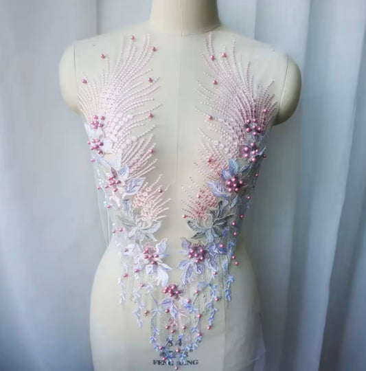 1pc light pink embroidered net applique patch/ collar/ neckline with beads and crystals