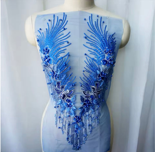 1pc blue embroidered net applique patch/ collar/ neckline with beads and crystals