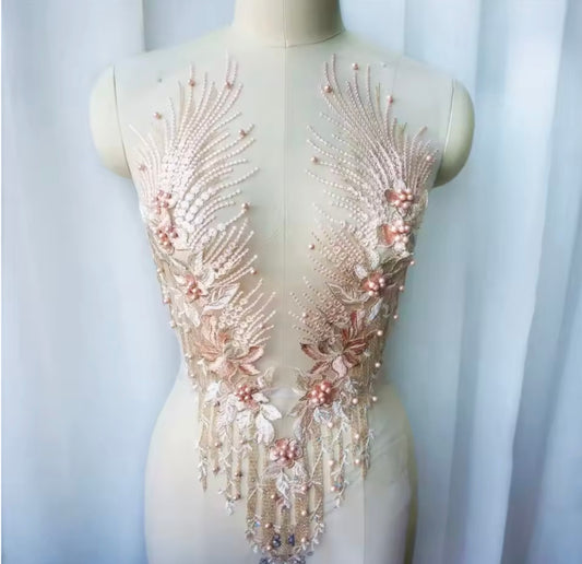 1pc peach embroidered net applique patch/ collar/ neckline with beads and crystals