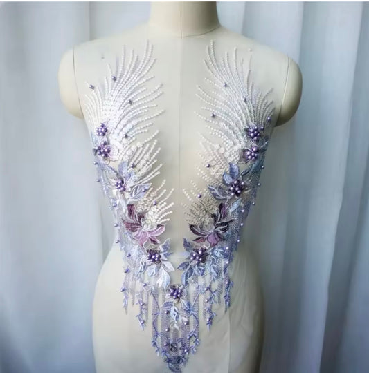 1pc lilac embroidered net applique patch/ collar/ neckline with beads and crystals