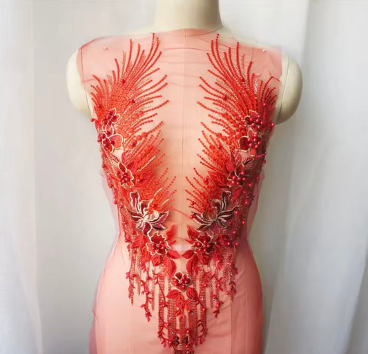 1pc red embroidered net applique patch/ collar/ neckline with beads and crystals