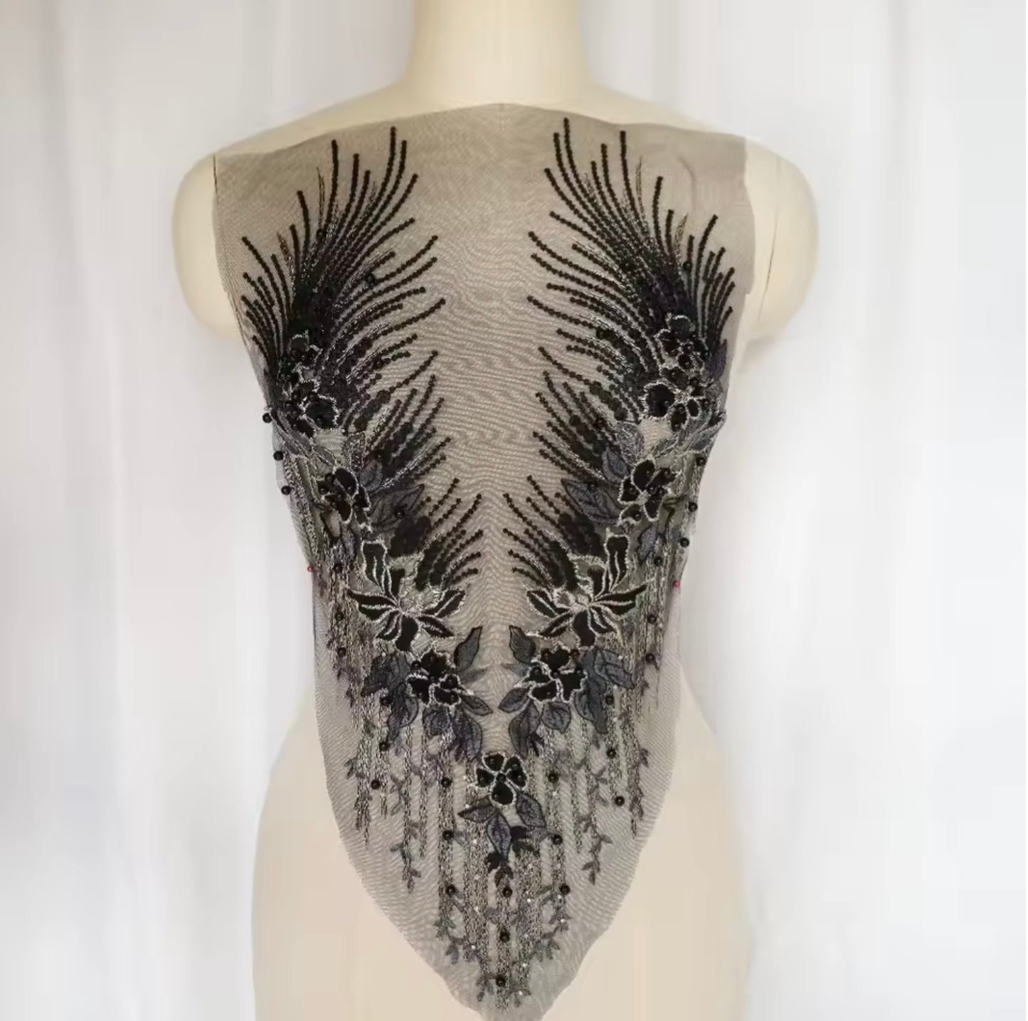 1pc black embroidered net applique patch/ collar/ neckline with beads and crystals