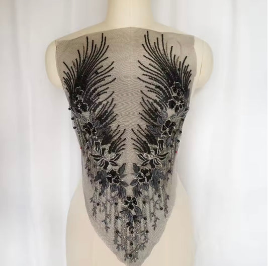1pc black embroidered net applique patch/ collar/ neckline with beads and crystals